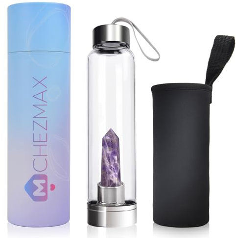 ChezMax Crystal Glass Water Bottle Energy Bottle Wellness Gem Water Bottle with Removable Natural Crystal Center