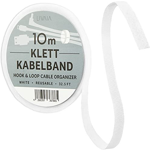 LIVAIA Attache-câbles blanc, réutilisable et auto-adhésif: 10m de ruban agrippant pour le rangement du bureau - Organisateur de cable et fil électrique sous forme de rouleau adhésif par LIVAIA