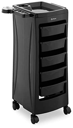 Physa PHYSA-RR-10 Friseurwagen 10 kg 5 Schubladen Föhnhalter Schwarz Friseur-Arbeitswagen Friseur-Trolley Arbeitswagen Friseur
