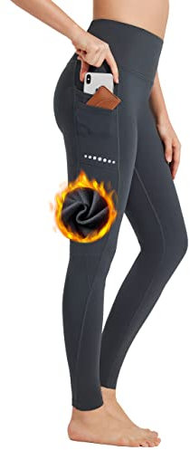 BAYGE Damen Sport Leggings Winter Hohe Taille Fleece Gefüttert Wasserdicht Blickdicht Bauchkontrolle Slim Fit Yogahose Sporthose Sweathose Fitnesshose mit Taschen, Grau, L