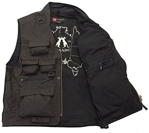 Kakadu Traders Australia Regenfeste Outdoor- Herren-Weste mit vielen Taschen bis Größe 5XL (64-66) Multifunktional D-Ring, Reißverschluss-Taschen, Pflegewachs inklusive