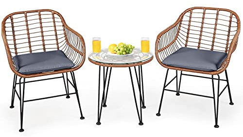 Giantex 3-teiliges Rattan-Gartenmöbel-Set mit rundem Tisch und 2 Sessel mit Kissen für Terrasse, Garten, Balkon