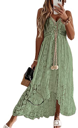 CUPSHE Damen Sommerkleid Boho Spitze V Ausschnitt Ärmellos Strandkleid | Maxikleid mit floraler Spitze, dekorativen Quasten, verstellbaren Trägern und gesmoktem Rücken für Hochzeitsgäste