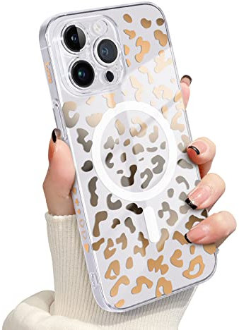 Newseego Clear iPhone 14 Pro Max Case for Girls Women [Compatible with MagSafe], Magnetic Cute Leopard Print Phone Case Slim Shockproof Camera Protection Bumper Cover for iPhone 14 Pro Max- Rose Gold