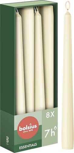 Bolsius Candele affusolate – Avorio – Confezione da 8 – 24,5 cm – Candele decorative per la casa – Durata di 7 ore – Inodore – Cera vegana naturale – Senza olio di palma