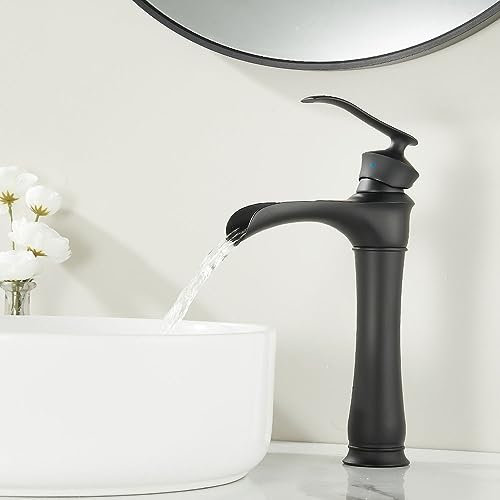 Maynosi Rubinetto Bagno Cascata Nero, Rubinetto Bagno Lavabo Alto, Miscelatore Lavabo Bagno in Ottone, Rubinetti per Lavandini Bagno, Design Retrò Elegante, Caldo e Freddo con Tubi Flessibili