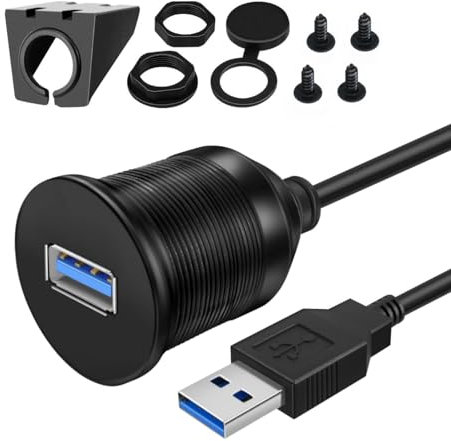 USB 3.0 1M Male to Female Car Round Flush Dash Panel Mount Cable Extension for Car, Vehicle, Boat, Truck, Bike, Motorcycle, Yacht Dashboard Panels (1 Meter)