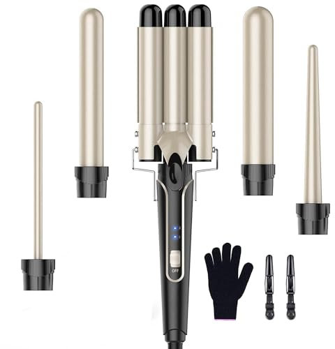BESTOPE PRO set Welleneisen - Lockenstäbe 3 Fässer für Große Keine Locken Keramik Lockenwickler Verschiedenen Aufsätzen Temperatureinstellung Schnelle Erwärmung Handschuh 2 Clips Gold 5 in 1