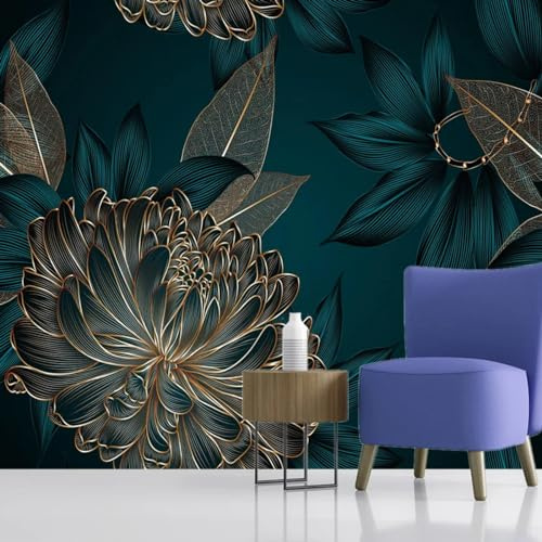 KoKoty Fototapete Seide 3d effekt Dunkelblaue Blüten mit goldenem Rand-250 x 200 cm-Wand Seidetapete Wohnzimmer Schlafzimmer Wandbilder XXL Wand Dekoration