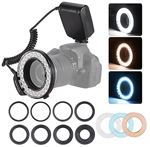 Ring Flash,HD-130 ro LED Ring Flash Light LCD Display 3000-15000K GN15 Power Control with 3 Flash Diffusers 8 Adapter Rings for Cameras