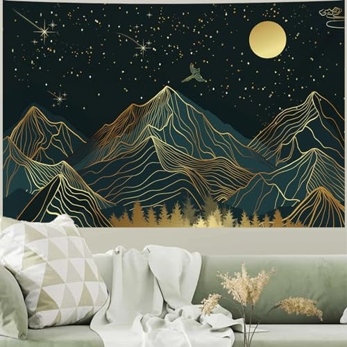 Atrippy Wandteppich für Schlafzimmer und Wohnzimmer - Grüner Wald, Mond, Bäume, Sternennacht, Goldene Natursterne, Landschaft - Ästhetisches Poster für Raumdekoration, Wohnheim