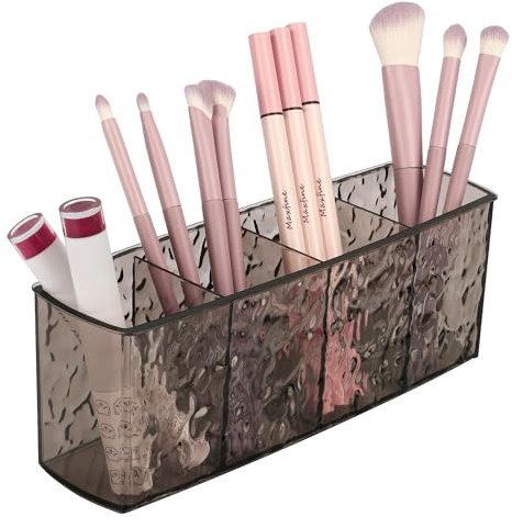 JessLab Makeup Brush Holder Organizer, 4 Compartment Cosmetic Brushes Storage, Perfect Bathroom Vanity Storage Solution for Makeup Brushes, Eyebrow Pencils, Grey