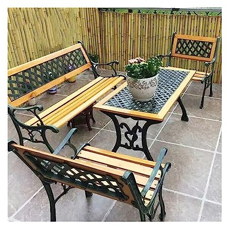 Metallbank Terrassenbank for den Außenbereich, Gartenbank aus Gusseisen mit Rückenlehne, geschnitzten Armlehnen und Beinen, Park-Außenbank-Set for Terrasse, Veranda, Pool, Holz Gartenbank Sitzbank ( S