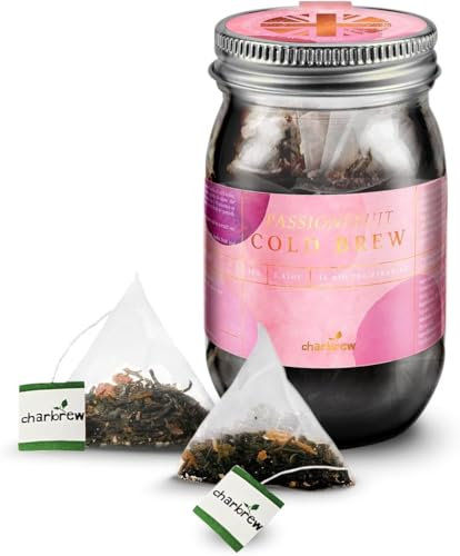 Charbrew Passionfruit Cold Brew Tea Blend – 16 Compostable Fine Mesh Pyramid Teabag Infusers with String & Tag in Reusable Glass Mason Jar Premium Tea from Sri Lanka 40g/1.14oz
