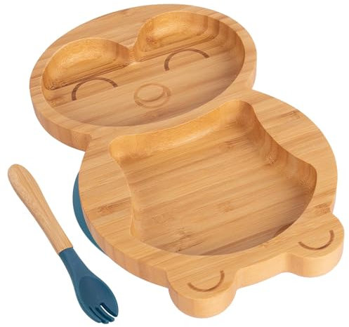Tiny Dining 2pc Navy Blau Bambus-Pinguin-Baby-Entwöhnungsteller & Gabelsatz - Hölzern Geteilt Kleinkind Kinder Essen Fütterung Tablett - Silikon Saugnapf