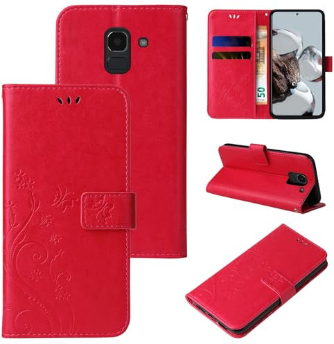 LBH Handy Hülle für Samsung Galaxy J6 Case Handytasche Schmetterling Blumen Flower Standfunktion Schutzhülle Magnet Rundum Schutz 360 Grad Flipcase Cover Rot