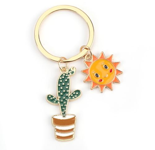 FRULX Personalised Keychain,Stainless Steel Spring Summer Cartoon Cactus Plant Pot Sun Keyring Accessories,Perfect Teacher Gifts for Women,Teacher Retirement Gifts,Cute Keychain for Friends, Sisters