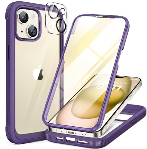 Miracase Glass Case for iPhone 15 Case 6.1-Inch, Full Body Bumper Clear Back Cover and Built-in 9H Tempered Glass Screen Protector + Camera Lens Protector (Purple)