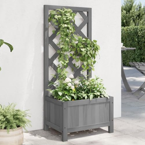 Homgoday Jardinière avec Treillis Gris Bois Massif de Sapin, Lit Surélevé de Jardin pour Cultiver Fleurs Plantes, Bac de Plantation pour Terrasse Balcon Extérieur A