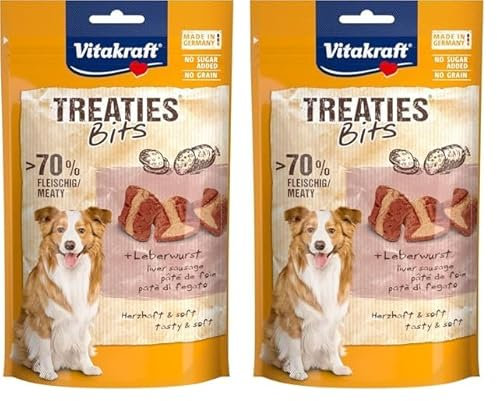 Vitakraft Treaties Bits, Hundeleckerli getreidefrei, mit Leberwurst, mit hohem Fleischanteil, ideal als Belohnung und Training, ohne Zusatz von Zucker (1x 120g) (Packung mit 2)
