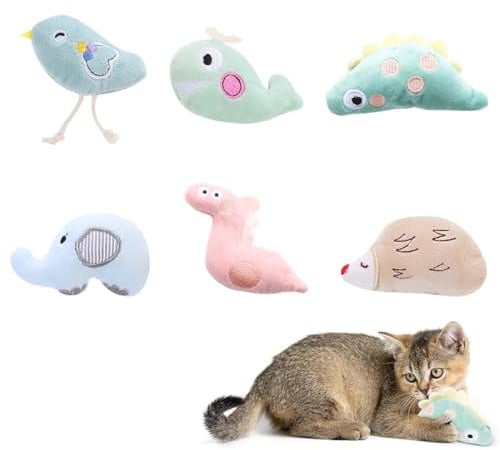 AUEFUDQ Katzenminze Plüschtiere 6PCS Katzenminze Plüschtiere,Weiches Plüsch Katzenspielzeug,Spielzeugsets Kätzchen Reinigung Training Spiel Knabbern