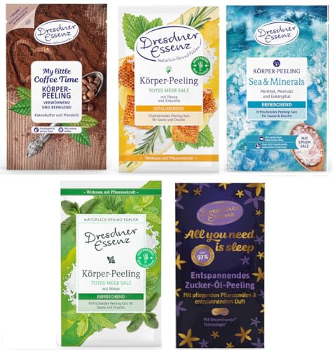 5er Pack Dresdner Essenz Mix Peeling: Körper-Peeling Sea & Minerals, Totes Meer Salz Peeling mit Minze, Totes Meer Salz Peeling Honig/Kräuter, Zucker-Öl-Peeling, Körper-Peeling My little Coffee