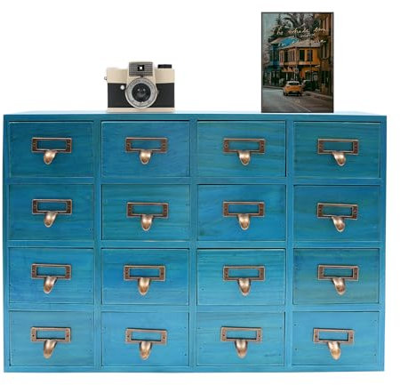 TkkMivcOC Apothekerschrank Holz mit Schubladen 16 Schubladenbox, 50.5 x 9.5 x 35 cm Tischplatte Schubladenschrank, für Home Office Desk Organisation, Lagerung, Blau Rustikal Retro