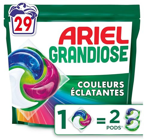 Ariel Grandiose PODS Couleurs Éclatantes, 29 Lavages, Lessive Capsules 2X Action Détachante et Anti-Odeur, Efficace Même à Froid, Pour Couleurs Vives, Économisez 60% d'Électricité, Fabriquée en France