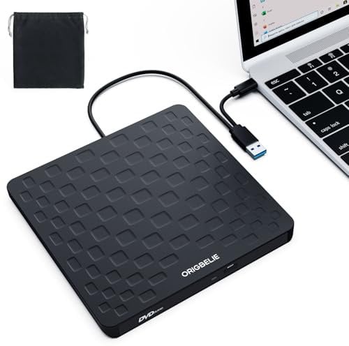 ORIGBELIE Grabadora CD DVD Externa, USB 3.0 Tipo C Ultra Delgado 13 mm Unidad CD/DVD +/-RW, Plug & Play Lector de CD Externo para Portatil, Windows 11/10/8/7, Linux y Mac OS (Negro)