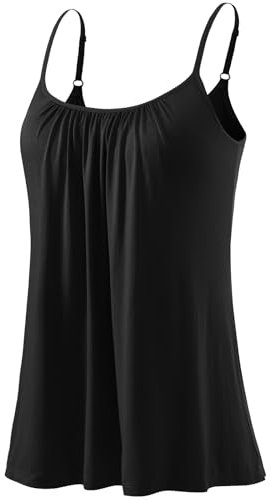 Ymmchy Damen Tank Top mit Integriertem BH Unterhemden Spaghettiträger Top Loose Verstellbaren Trägertop Black L