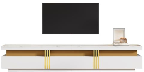 TV Schrank TV Lowboard mit 3 Schubladen und Marmormuster MDF Tischplatte, Moderner 200cm Lang TV Tisch Fernsehtisch Fernsehschrank Für Fernseher bis 90 Zoll, Für Wohnzimmer und Esszimmer (Weiß)