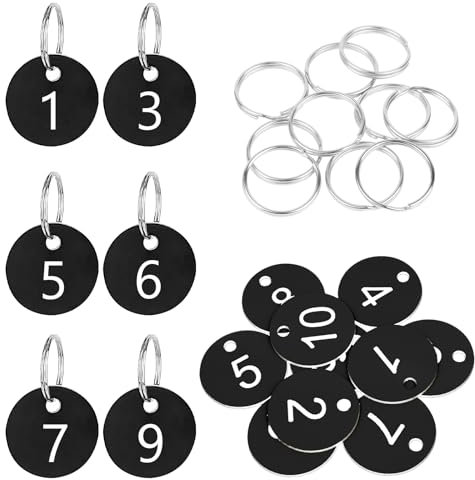Flintronic 10 Stück Kunststoff Nummernschilder, ID-Nummernschilder aus Kunststoff, Kleine Wasserdichte Zahlenmarken, ID Tags mit Loch, mit Schlüsselringe, für Garderobe Hotel(Schwarz, 1-10)