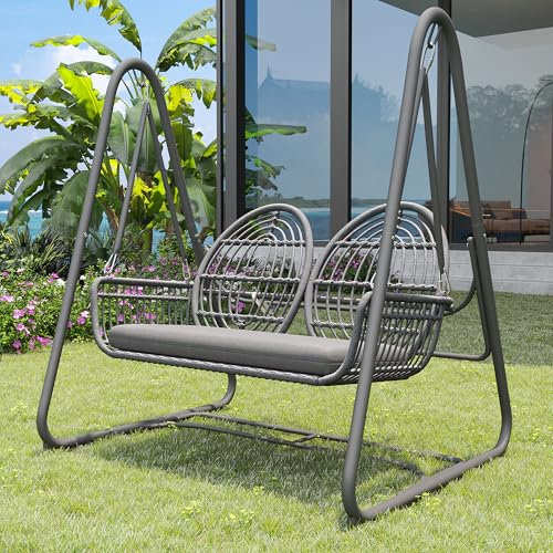 Merax Hollywoodschaukel 2-Sitzer, Gartenschaukel mit Rückenlehne und Sitzkissen, Doppelschaukel aus PE-Rattan, Schaukelbank Outdoor, Gartenliege Wetterfest, für Garten Balkon Veranda, Dunkelgrau
