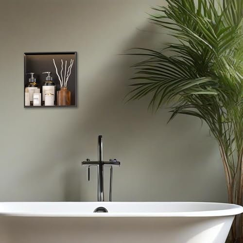 Niche de Douche avec lumière LED Noir Mat, Niche de Douche LED en Acier Inoxydable, Pas Besoin de tuile Niche Murale de Salle de Bain encastrée avec lumière Blanche Chaude