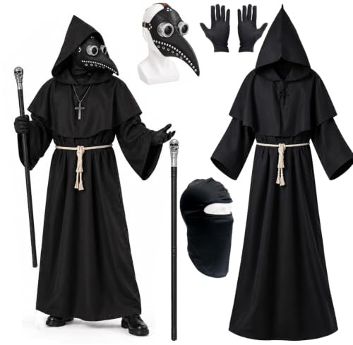 MAINOSHY Pest Arzt Kostüme Set, Pest Arzt Maske Vogel Schnabel Maske Schwarz Robe Mantel Top Hut Kreuz Halskette Balaclava Skepter Handschuhe Halloween Karneval Fancy Kleid Cosplay Steampunk Kostüm