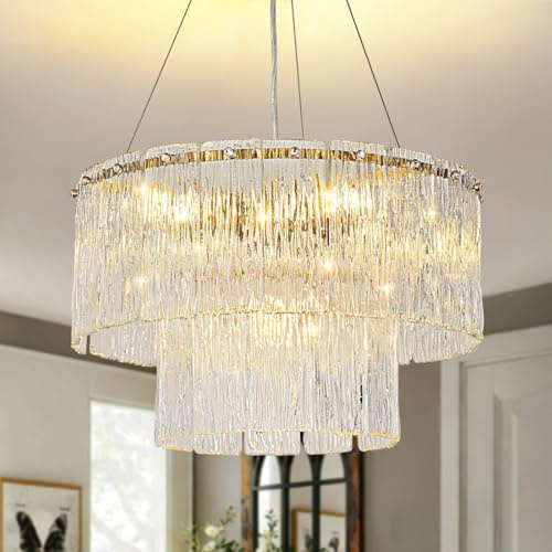 KUNYEEE Modern Crystal Chandelier, Round Glass Raindrop Luxury Pendant Light 2-Tiers Ceiling Hanging, Gold Chandeliers Fixture for Dining Room Living Room E14 x 5, Ø40 cm