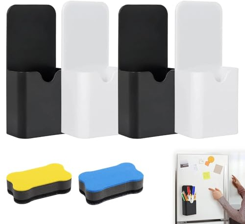 6 Piece Magnetic Pen Holder Set, 4 Whiteboard Pen Holders And 2 Erasers | Durable Plastic Bodies Use Built-In Magnets As Slim Upright Storage And Soft Lint-Free Pads Keep Boards Ready