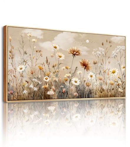 SERIMINO Modernes Wandbild mit Rahmen Vintage Wildblume Bilder 50x100 cm | Retro Gänseblümchen Wanddeko, Klarer Druck, Massivholzrahmen, Viele Größen, Einfache Montage, Vielseitig Einsetzbar, Geschenk