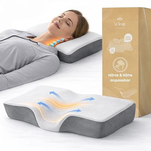 sei Design ergonomisches Kissen RelaxFlow (60x40x12) – Kühlendes Memory Foam Kissen - Härteregulierbar Nackenstützkissen für Seiten-, Rücken- & Bauchschläfer