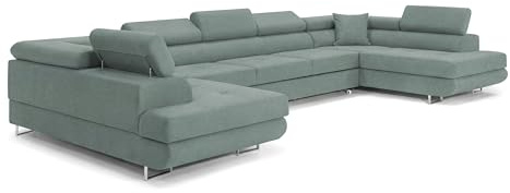 Ecksofa mit Schlaffunktion BIG PASTI U-Form, Sofa Couch mit Bettkasten, 3-Sitzer Eckcouch, Schlafsofa für Wohnzimmer, Big Sofa Couch mit Schlaffunktion (Pet Friendly Edition Mintgrün)