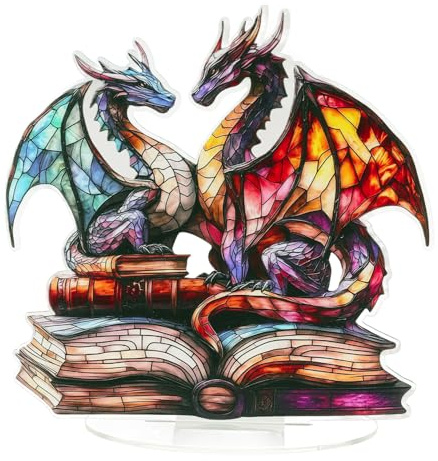 2D Acryl Drachen Figuren Deko, Einzigartig Skulptur Deko mit Ovalem Sockel, Exquisite Bücherregal Dekorationen, Dekorationen Wohnzimmer Modern, Stilvolle Drachen Decoration für Zuhause & Büro