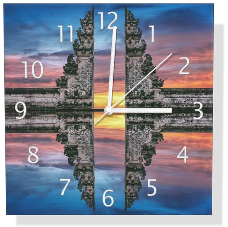Wallario Design Wanduhr Tempeltor im Sonnenuntergang aus Aluverbund, Alu-Uhr Größe 30 x 30 cm, weiße Zeiger mit Metalloptik