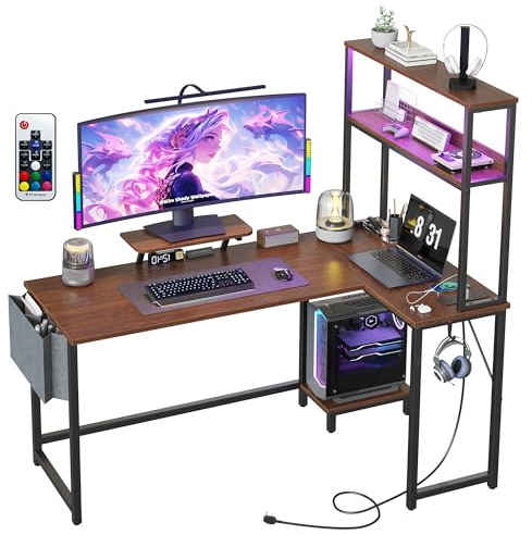 L-Shaped Gaming Desk with LED Lights & UK Power Outlets – Rustic Brown Corner Computer Desk with Hutch, Monitor Stand & CPU Stand, Industrial Home Office Table with Storage Bag – Black/Brown