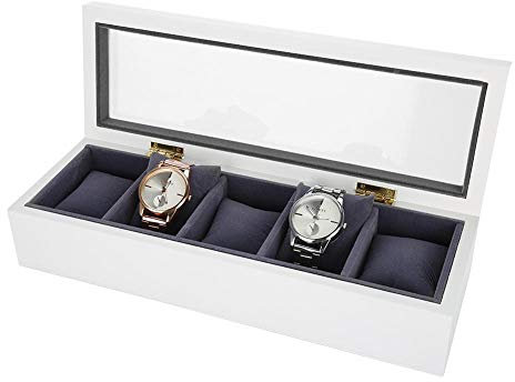 Uhrenbox, 5 Grids Einbrennlack Uhr Vitrine Aufbewahrungsbox Organizer Uhr Schmuck Armband Display Display Glas Deckel Box(Weiß)