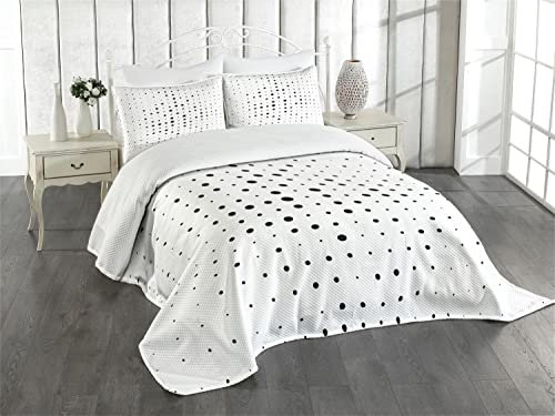 ABAKUHAUS Modern Tagesdecke Set, Big Little Pop-Art-Dots, Set mit Kissenbezügen Waschbar, für Doppelbetten 220 x 220 cm, Weiß Onyx