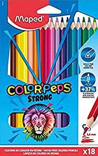 Maped - Pinturas de Madera - Lápices Strong de Colores - Pack de 18 Pinturas de Colores - Minas Ultra Resistentes - Agarre Ergonómico - Fáciles de Afilar