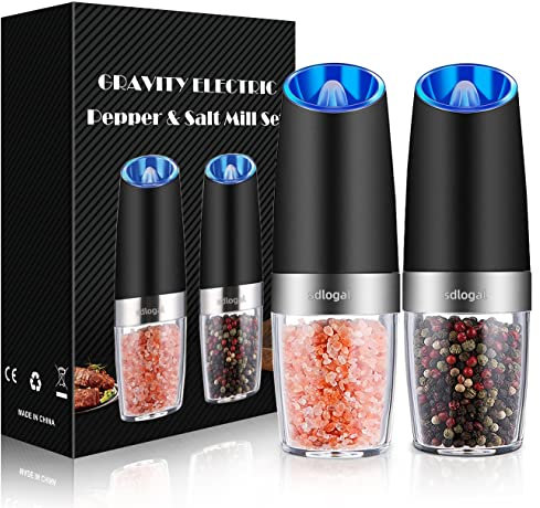Gravity Electric Salt and Pepper Grinder Set, Battery Operated, Automatic Salt and Pepper Mills with Blue Light(Black, 2pcs/Pack), Adjustable Coarseness,One Handed Operation,Cleaning Brush
