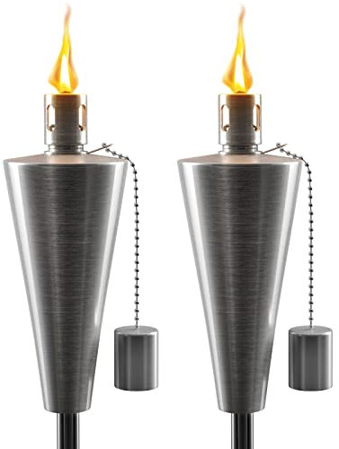 Matney Edelstahl Tiki Fackeln - 1,5m Outdoor Ölfackel Lampe für Citronella - Garten Rasen Hinterhof Party - Inklusive Fiberglas Docht und Löschkappe - 2er Set (Silberfackel Set - Kegel)