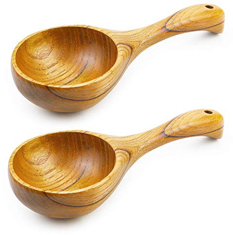 BILLIOTEAM 2 Pack Wooden Kitchen Scoop Ladle,Multipurpose Large Solid Wood Water Spoon Serving Soup Tablespoon for Cooking,Bath Salt,Canisters Flour