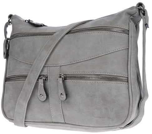 Christian Wippermann Damen Tasche Schultertasche Umhängetasche Crossover Bag Leder Optik Handtasche Hellgrau